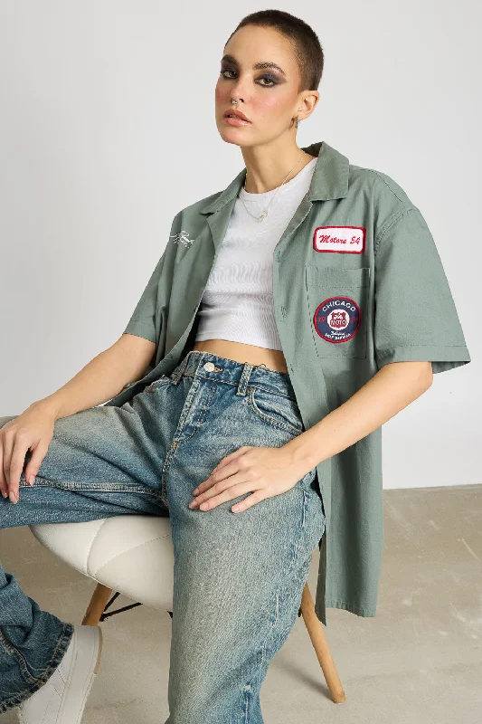 Cotton Poplin Women's Garage Shirt - Grey Modern Fit Short Sleeve
