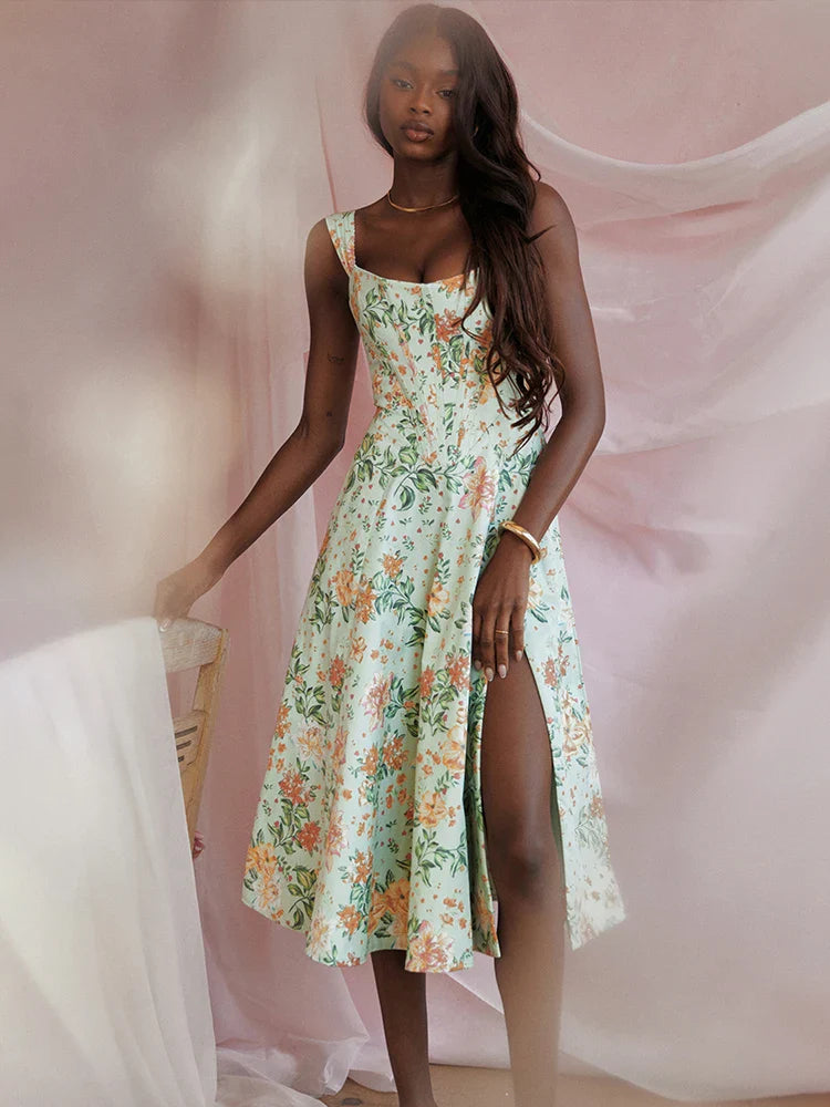 Split Print A-line Spaghetti Strap Spring Summer Elegant Long Sexy Midi Dress Fashionable Polka Dot Midi Dress