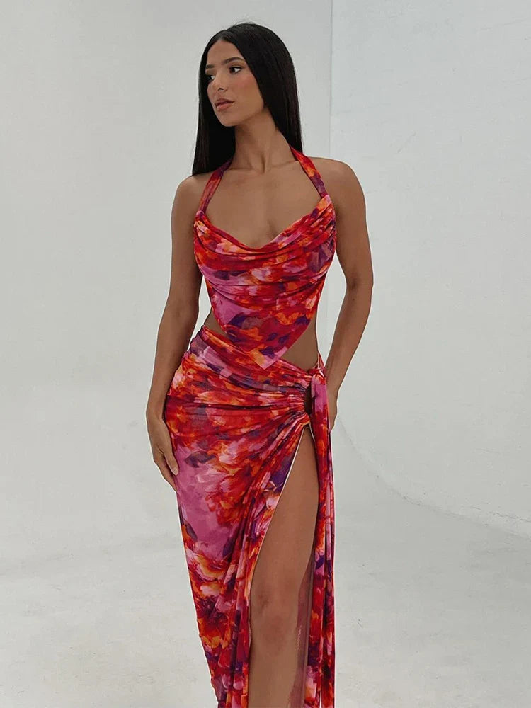 Party Print Two Piece One Shoulder Crop Top High Split Skirts Summer Midi Dress Cozy Wide Strap Midi Dress