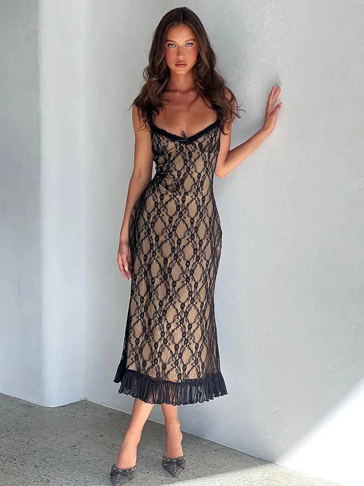Ruffles Lace Bodycon Spaghetti Strap Summer Backless Long Nightclub Sexy Midi Dress Stylish Halter Neck Midi Dress