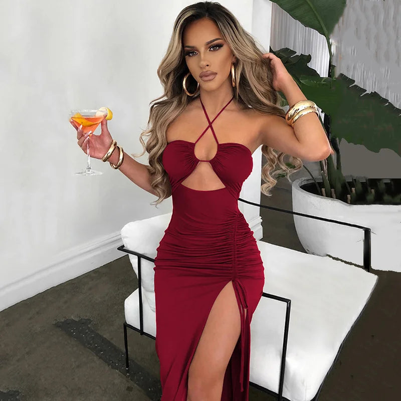 Temperament Maxi Long Halter Spaghetti Strap Summer Drawstring Split Sexy Midi Dress Fashionable Chiffon Midi Dress Temperament Maxi Long Halter Spaghetti Strap Summer Drawstring Split Sexy Midi Dress Fashionable Chiffon Midi Dress