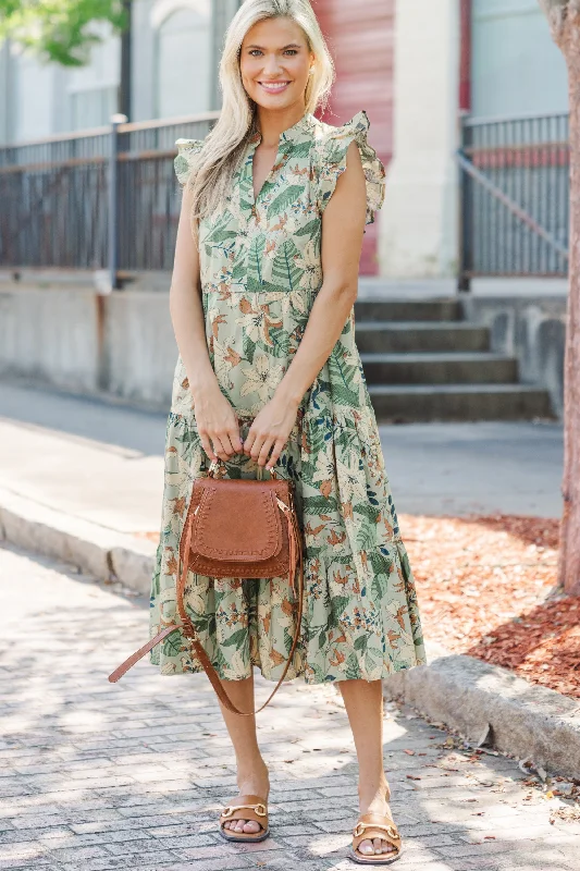 Created Beauty Olive Green Floral Midi Dress Comfortable Deep V Midi Dress