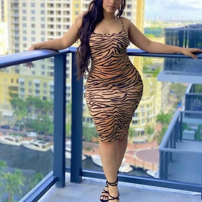 KittenAlarm - Cree Tiger Stripe Midi Dress Trendy Ruched Side Midi Dress