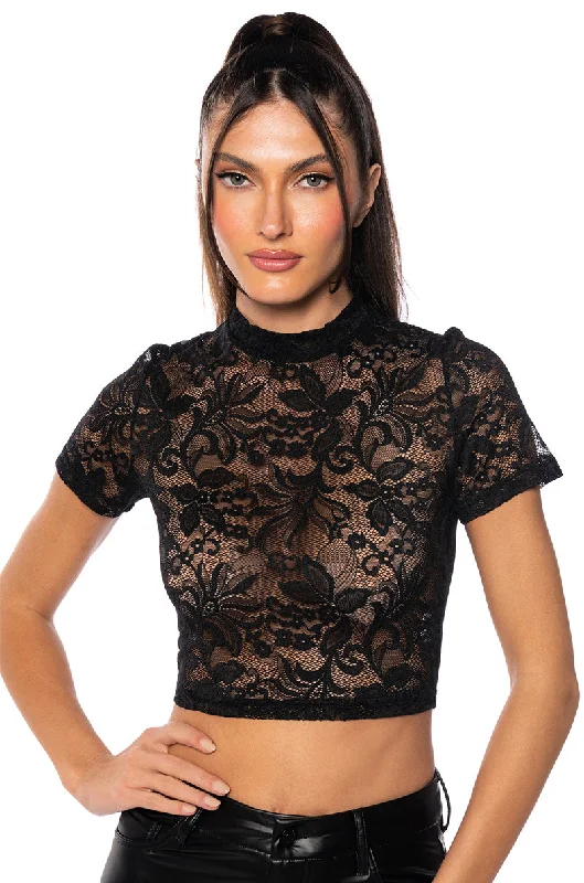 CRISTINA SHORT SLEEVE LACE T SHIRT IN BLACK