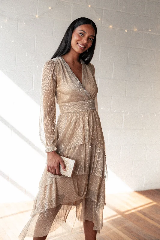Cybil Pleated Tiered Midi Dress - Champagne Gold Fashionable Skater Midi Dress