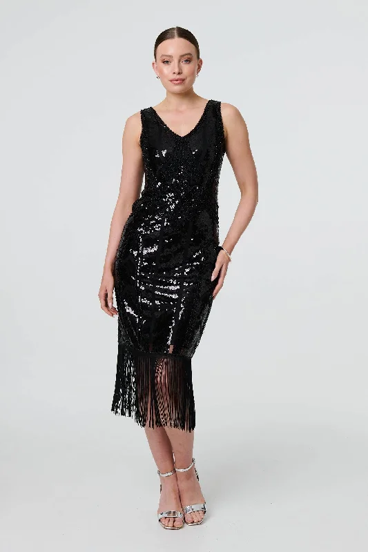 Sequin Embellished Tassel Trim Midi Dress Comfortable Ribbed Midi Dress
