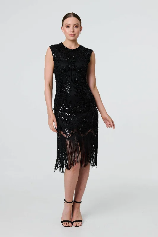 Sequin Embellished Tassel Midi Dress Comfortable Stretch Midi Dress