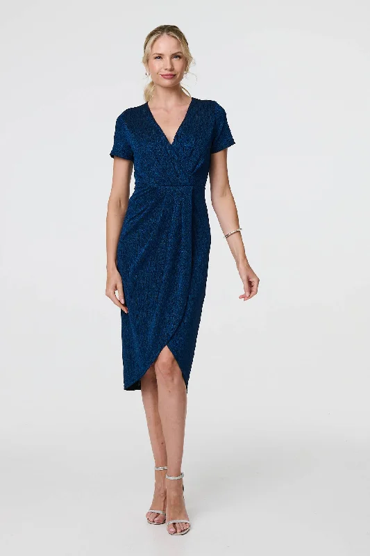 Sparkly Ruched Short Sleeve Midi Dress Stylish Silk Midi Dress