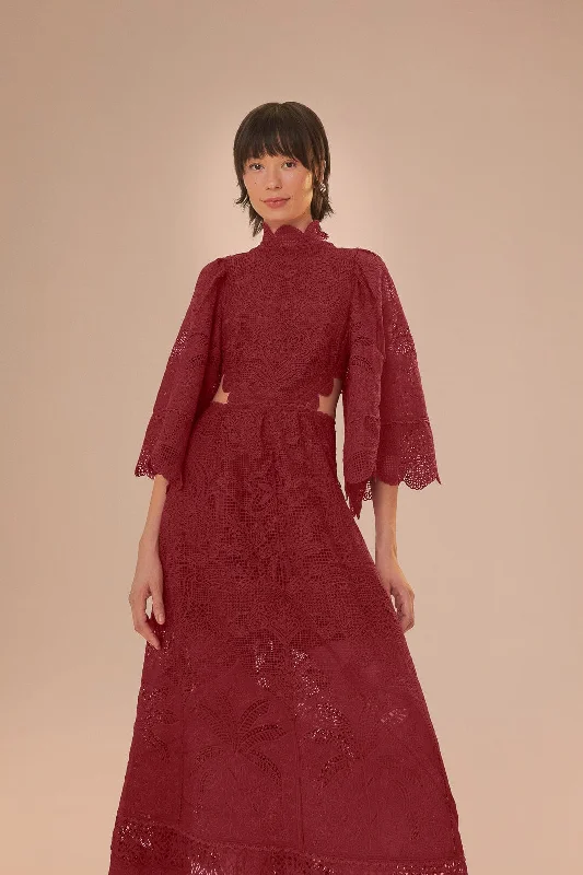 Dark Magenta Guipire Cut-Out Midi Dress Fashionable Fitted Midi Dress