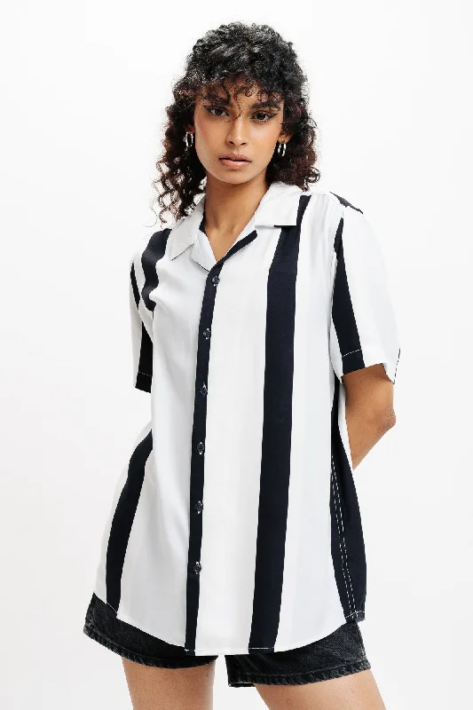 Dark Navy Blue Striped Printed Viscose Shirt Modern Casual Short Sleeve