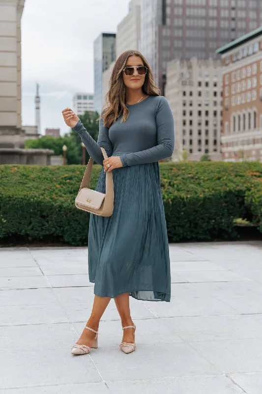 Dark Teal Contrast Pleated Midi Dress