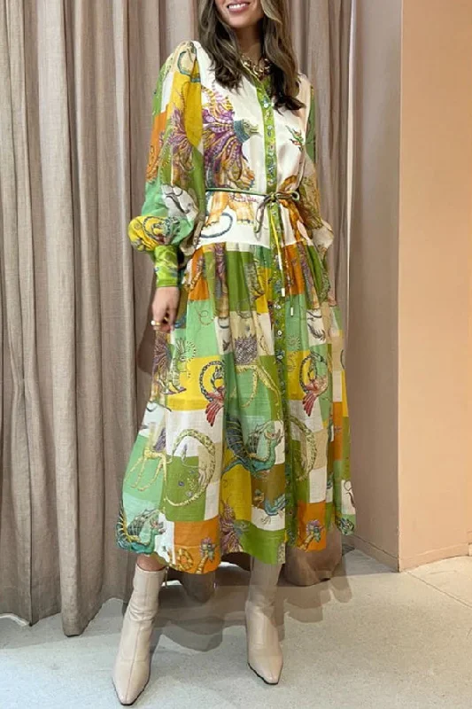 Dragon Family Printed Balloon Sleeve Lightweight Shirt Midi Dress Stylish Satin Midi Dress Dragon Family Printed Balloon Sleeve Lightweight Shirt Midi Dress Stylish Satin Midi Dress