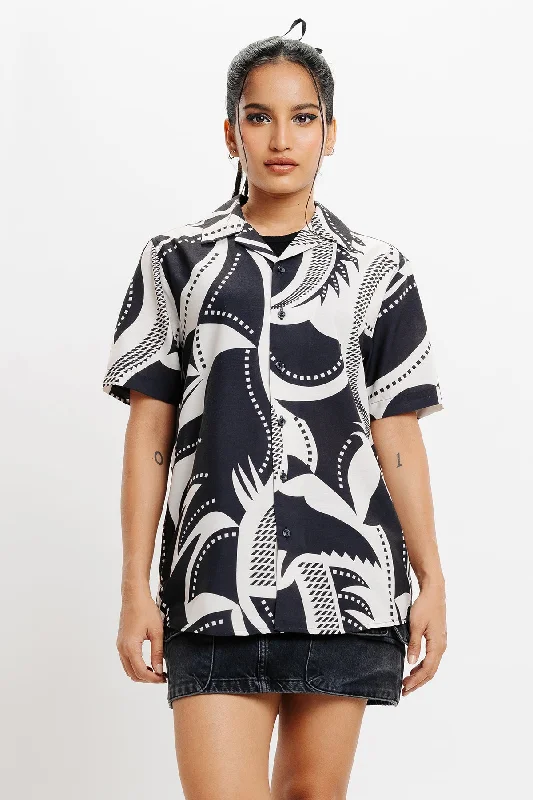 Black Ecru Printed Resort Shirt Comfortable Graphic Short Sleeve