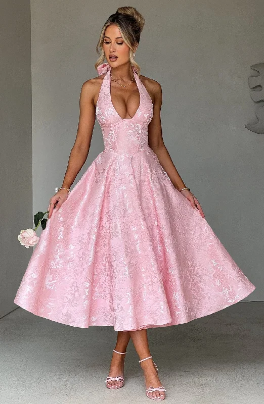 Effie Midi Dress - Blush Trendy Floral Wrap Midi Dress