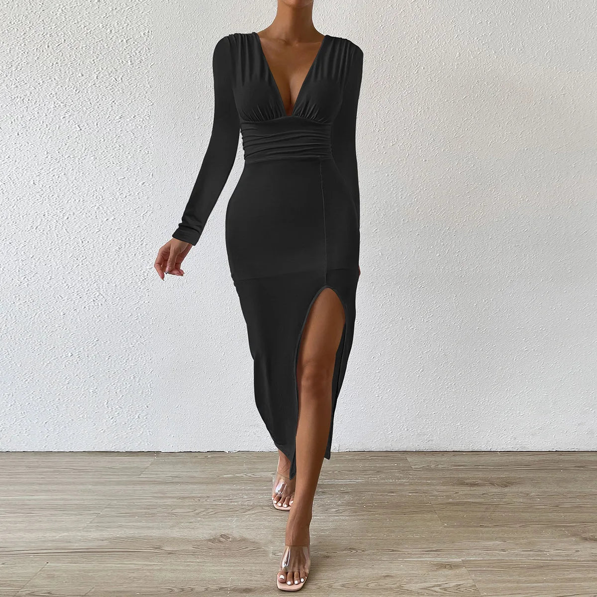 Elegant Autumn V Neck Long Sleeve Midi Dress Split Midi Black Dress Irregular Slim Midi Dress Stylish Striped Midi Dress Elegant Autumn V Neck Long Sleeve Midi Dress Split Midi Black Dress Irregular Slim Midi Dress Stylish Striped Midi Dress