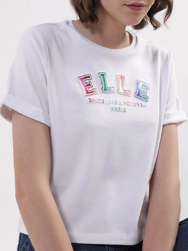 Elle Women White Solid Round Neck TShirt