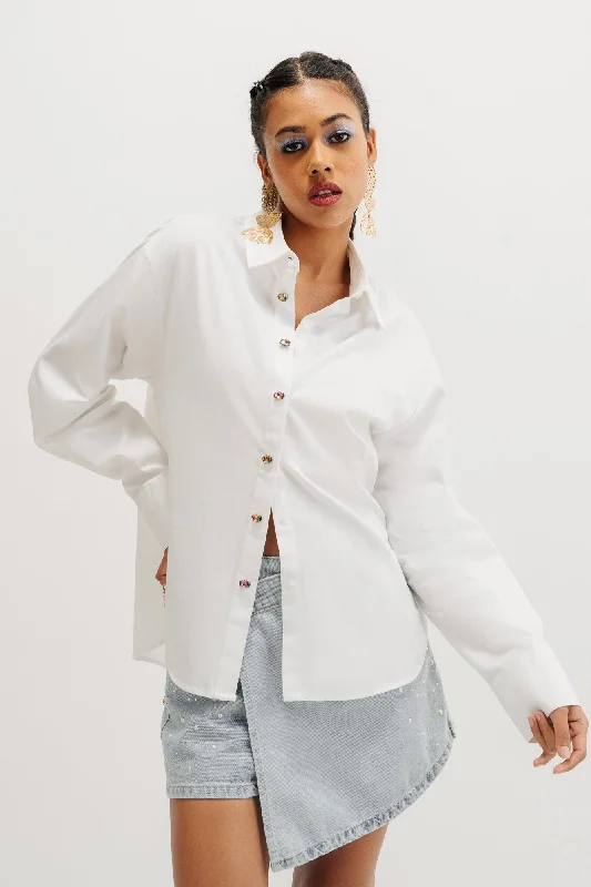 Embellised Button White Shirt Relaxed Cotton Short Blouse