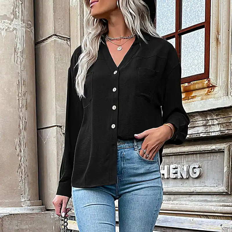 Fashion Women’s Solid Color Lapel Collar Solid Color Shirt Classic Denim Short Sleeve
