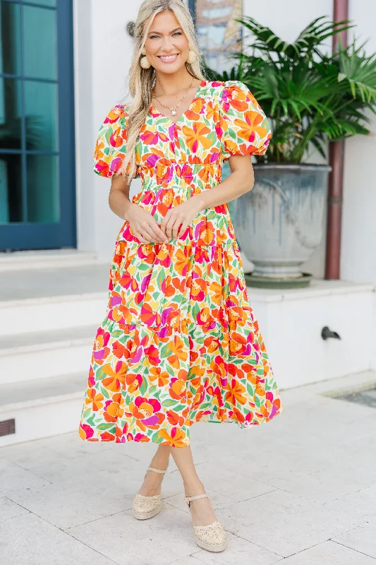 Fate: First Hand Coral Orange Floral Midi Dress Elegant Floral Midi Dress