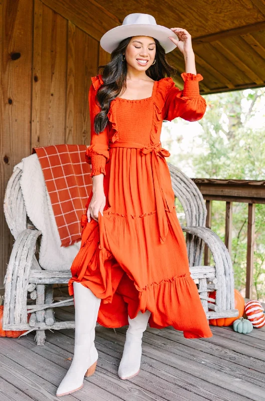 Feel Your Love Rust Orange Ruffled Midi Dress Fashionable Casual Midi Dress