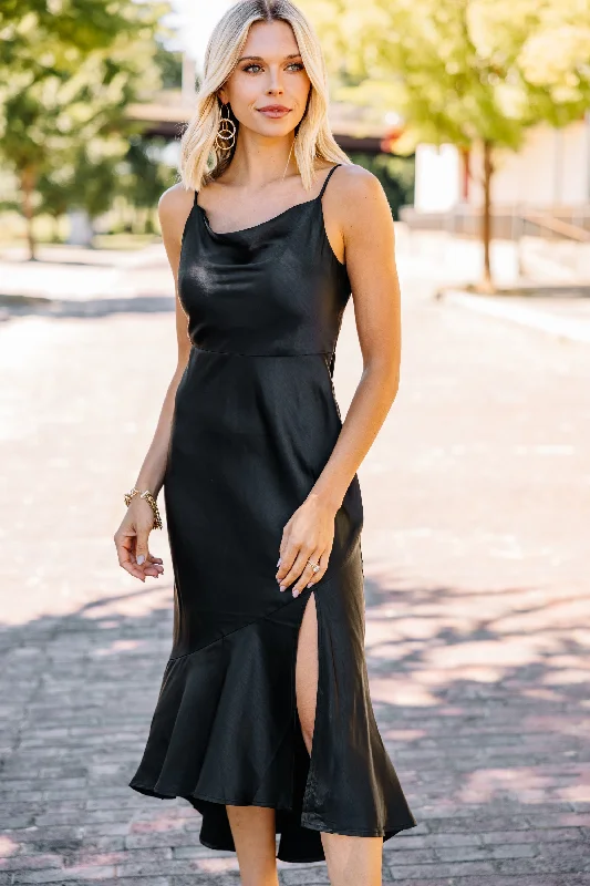 Feeling Fancy Black Satin Midi Dress Elegant Maxi-Midi Hybrid Dress