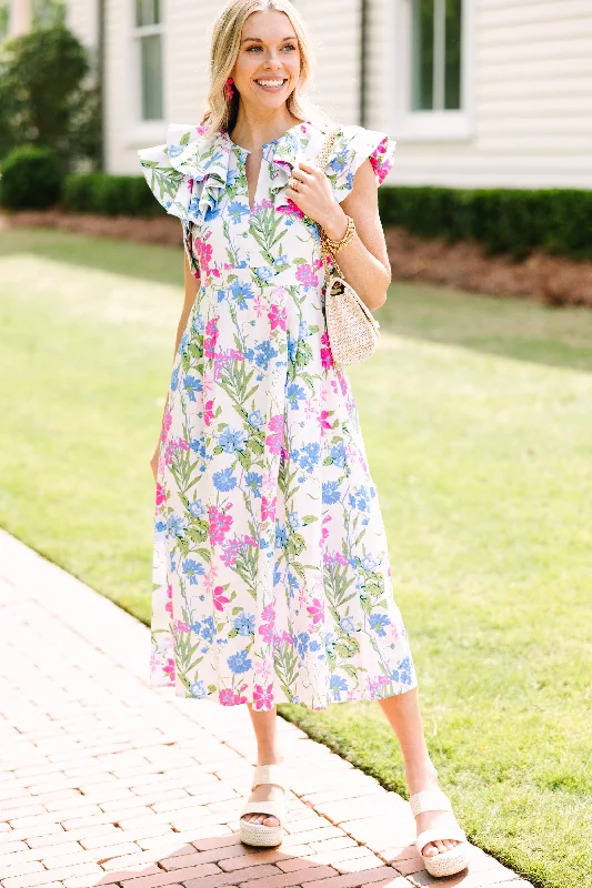 Feeling So Sweet White Floral Midi Dress Elegant Pleated Detail Midi Dress