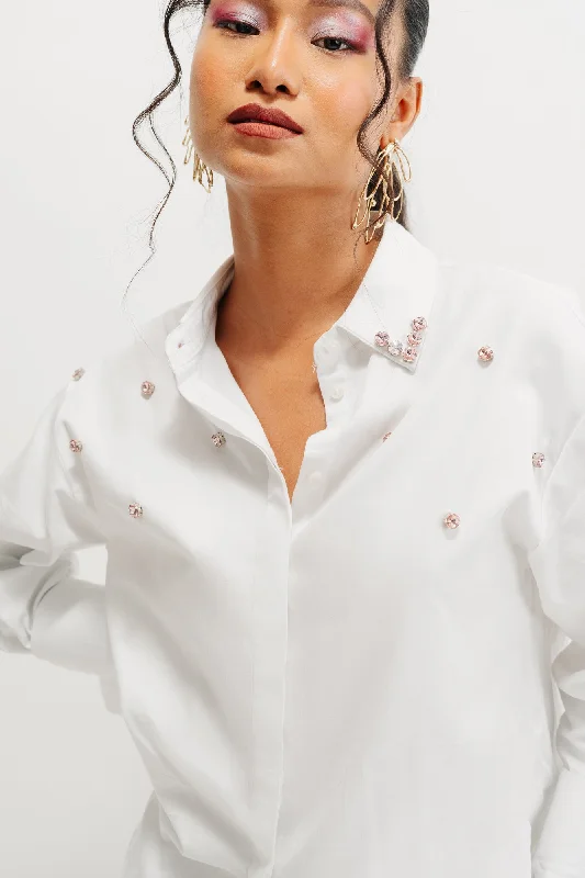 Festive Collar Rhinestone Shirt Relaxed Fit Short Blouse