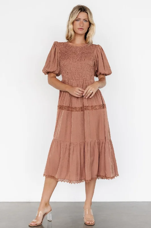 Finley Smocked Midi Dress | Light Copper Elegant Floral Appliqué Midi Dress