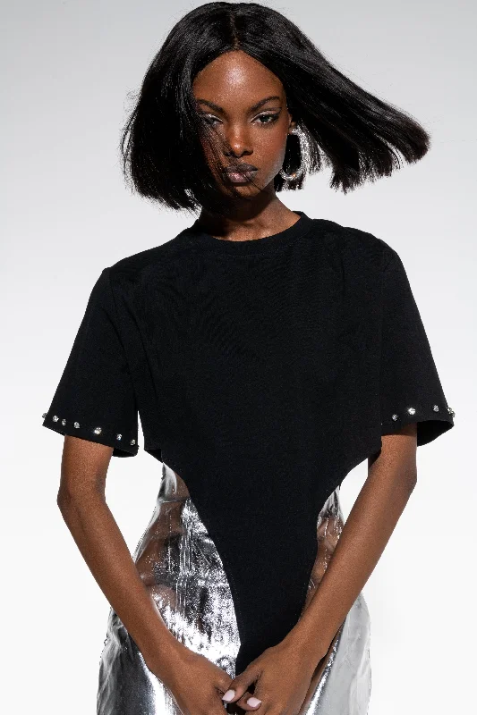 FIRED UP EMBELLISHED COLLAR CREWNECK TSHIRT BLACK Casual Button-Down Short Shirt