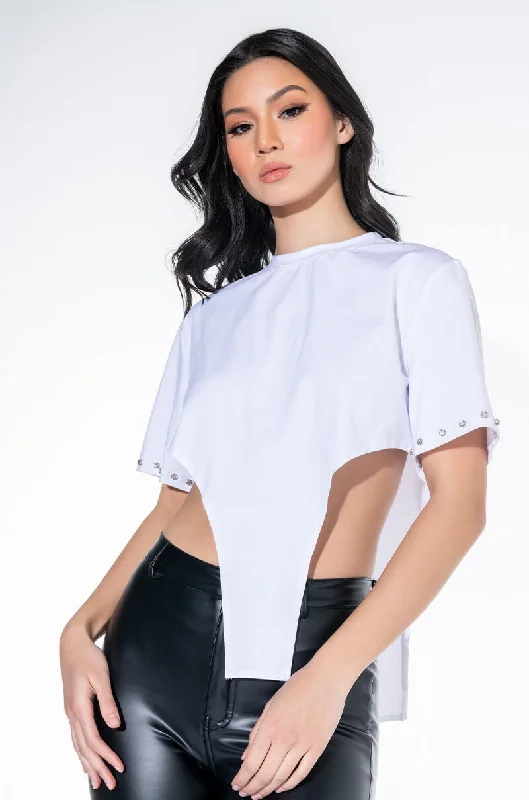 FIRED UP EMBELLISHED COLLAR CREWNECK TSHIRT WHITE Soft Cotton Short Tee