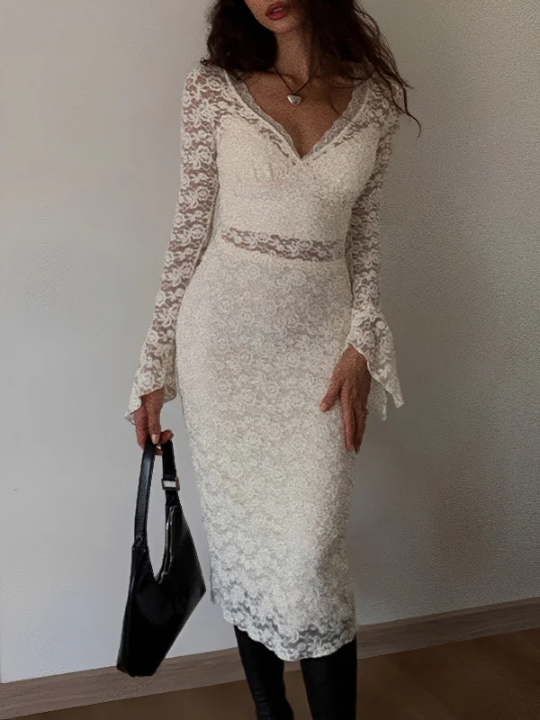 BerryBetty - Floral Lace Long Sleeve Plunge Midi Dress