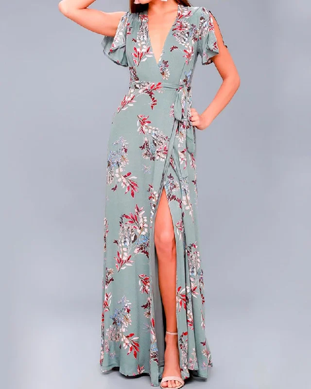 Floral Print Surplice Maxi Dress in Sage