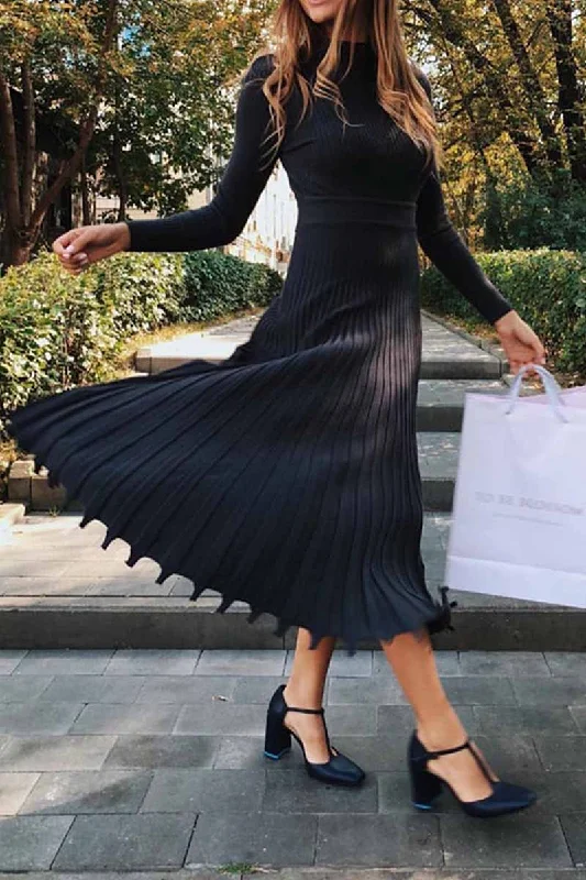 Florcoo Solid Color Loose Pleated Knitted Midi Dresses Elegant Floral Skirt Midi Dress