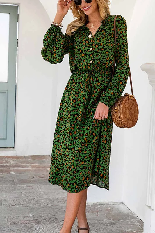Florcoo Leopard Print V-neck Elegant Midi Dress Elegant Lace Trim Midi Dress