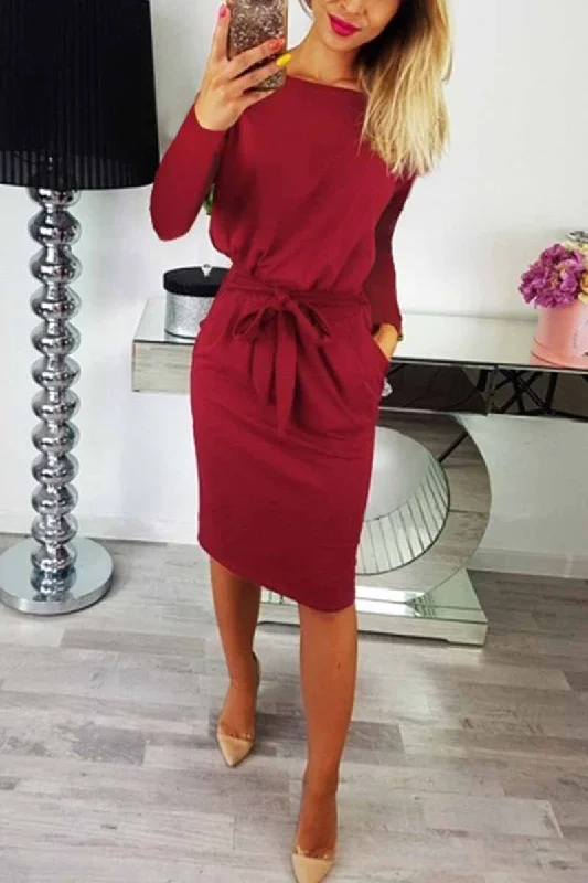 Florcoo O Neck Midi Dress With Belt (Long Sleeve) Stylish Wraparound Midi Dress
