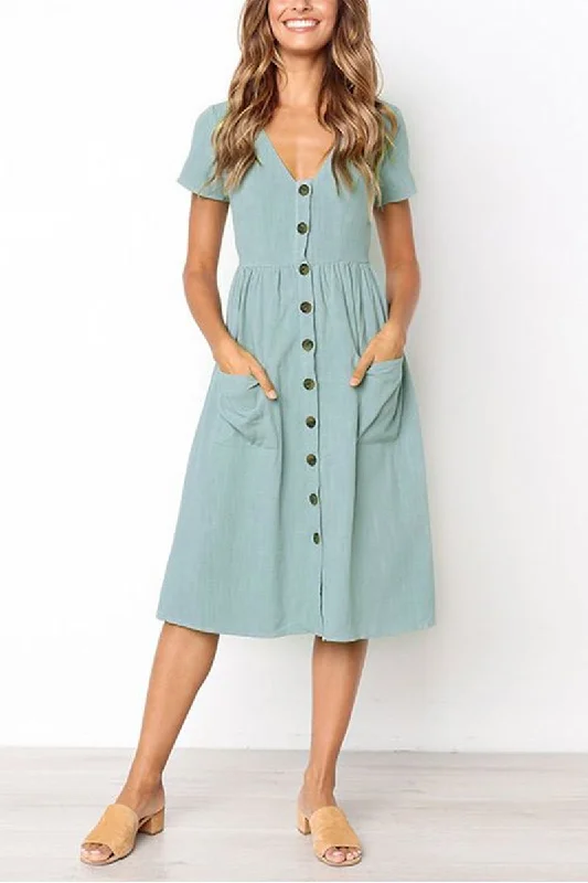 Florcoo V-neck Pocket Midi Dress(4 Colors) Elegant Pleated Detail Midi Dress