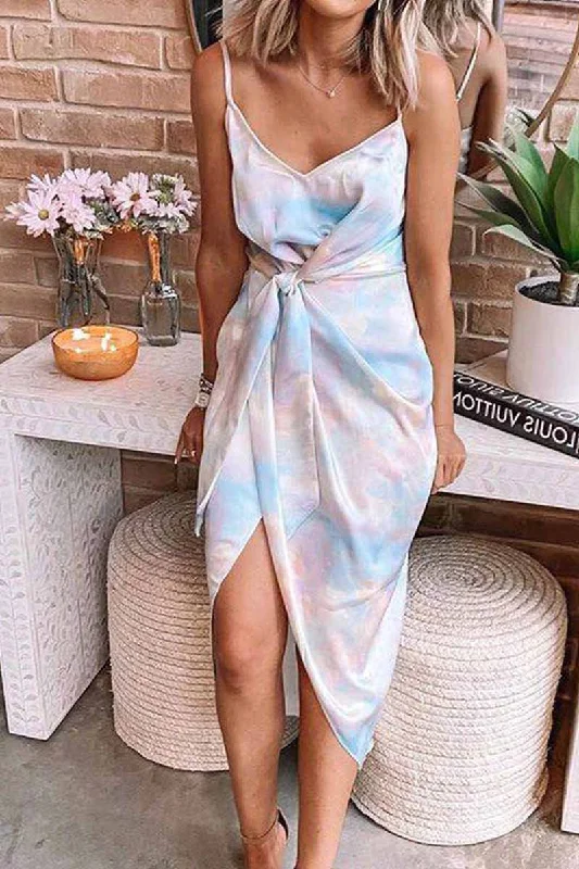Florcoo Tie-dye Bandage Midi dresses Elegant V-Neck Midi Dress
