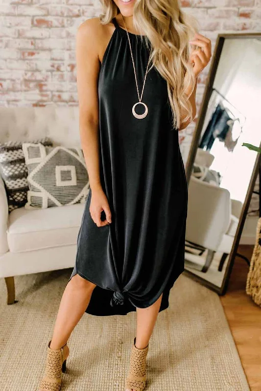 Florcoo Loose Sexy Solid Color Sling Midi Dress Trendy Ruffle Hem Midi Dress