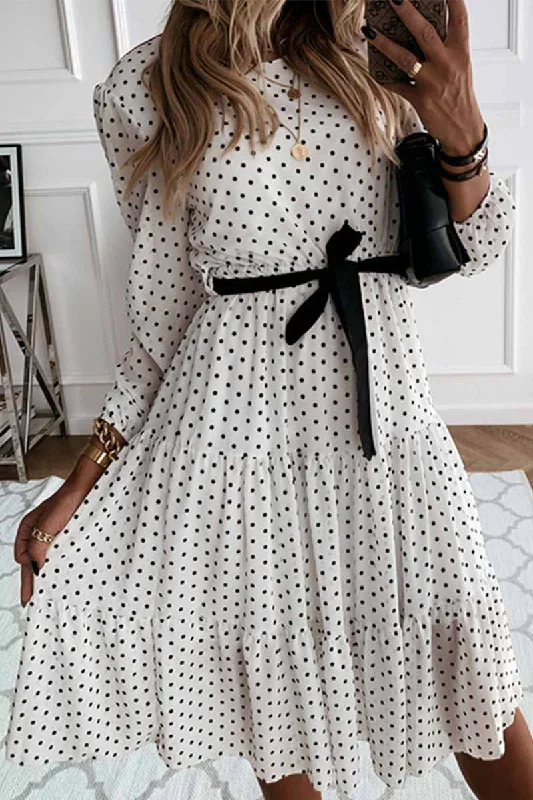 Florcoo Elegant White Black Dot Print Round Neck Tie Midi Dress Elegant Floral Midi Dress Florcoo Elegant White Black Dot Print Round Neck Tie Midi Dress Elegant Floral Midi Dress