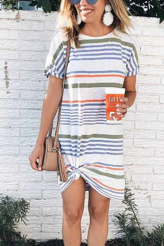 Florcoo Printed O-neck Striped Midi Dress Fashionable A-Line Midi Dress