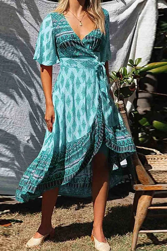 Florcoo Bohemian Printed Midi Dress(3 colors) Trendy Off-Shoulder Button Midi Dress