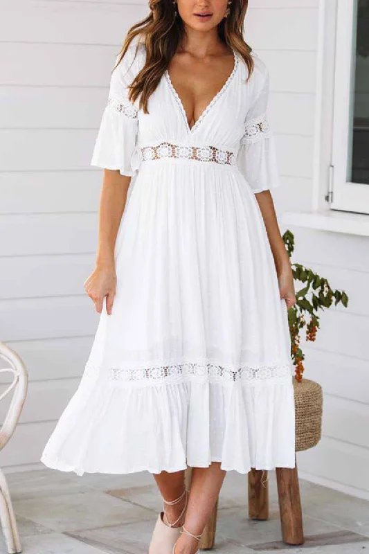 Florcoo White Lace Midi Dresses Elegant Puff Sleeve Midi Dress