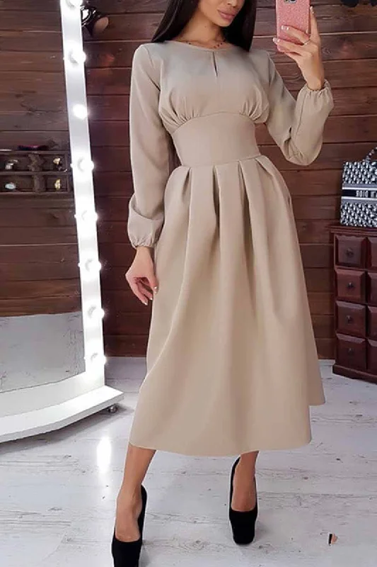 Florcoo Elegant Solid Color Long Sleeves Midi Dresses Stylish Tiered Midi Dress