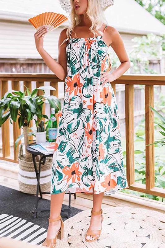 Florcoo Printed Sexy Backless Midi Dress Cozy Midi Dress with Pockets