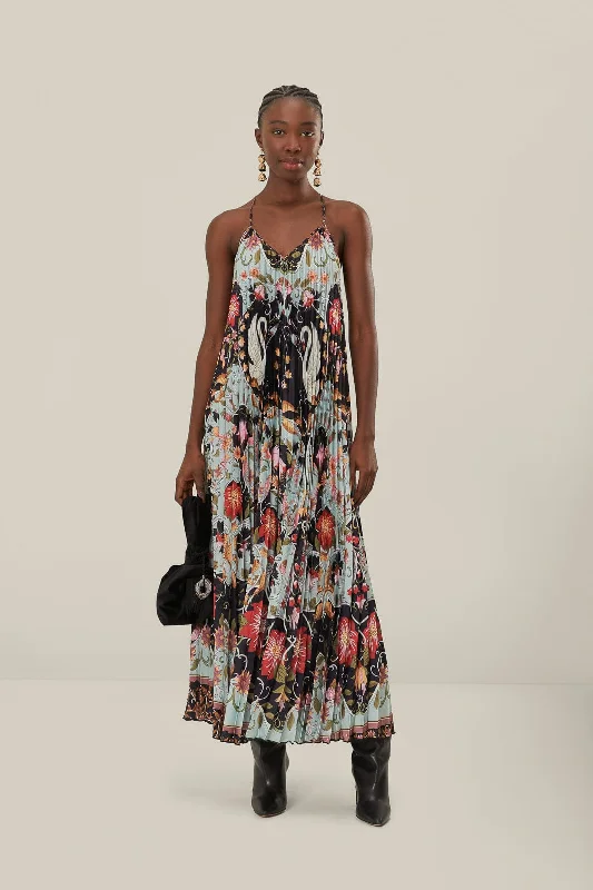 Blue Flowing Beauty Pleated Sleeveless Midi Dress Trendy Fit-and-Flare Midi Dress