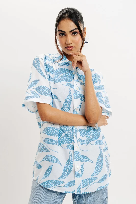 Foliage Print Women's Resort Shirt Fashionable Rounded Short Shirt