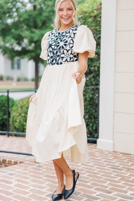 For The Moment Taupe Crochet Midi Dress Trendy Long Sleeve Midi Dress