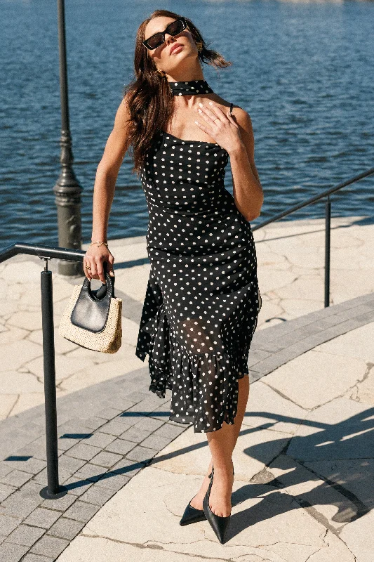 Francesca Midi Dress - Black Polka Dot Cozy A-Line Midi Dress