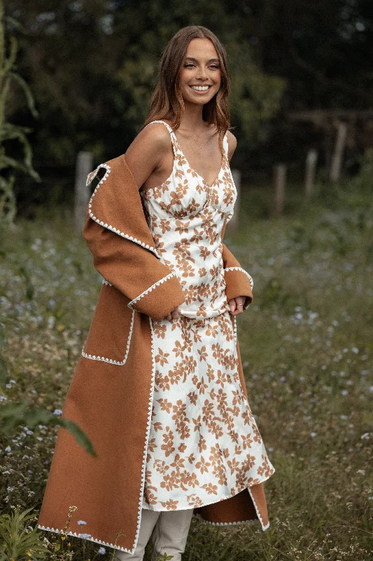 Franny Midi Dress - Cream Brown Floral Cozy Wide Strap Midi Dress