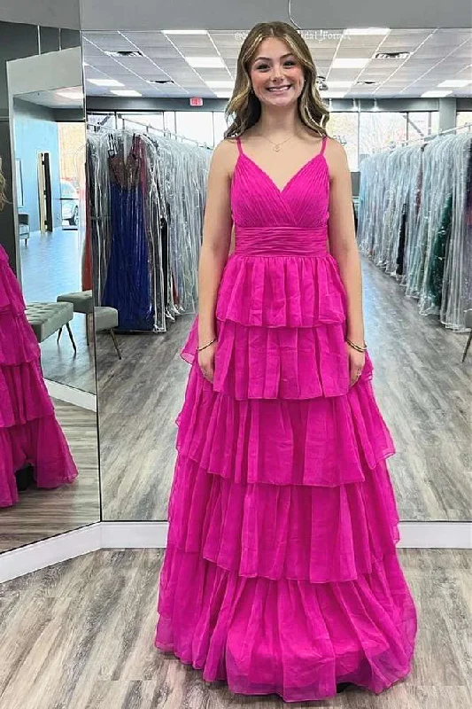 Fuchsia V-Neck Chiffon Maxi Dress with Straps